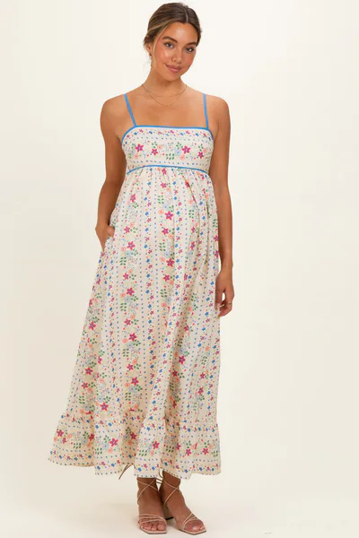 PinkBlush Creme Floral Sleeveless Maternity Maxi Dress