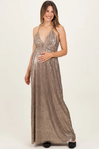 PinkBlush Mocha Gold Gold Foiled Plunging Maternity Maxi Dress