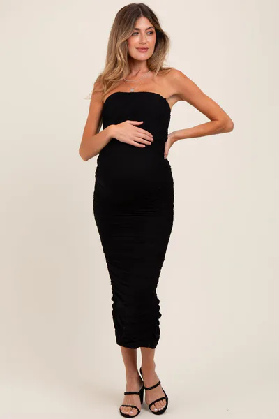 PinkBlush Black Mesh Strapless Ruched Maternity Maxi Dress