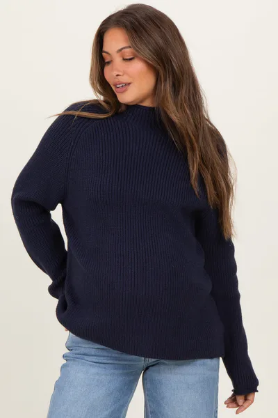 PinkBlush Navy Mock Neck Ribbed Knit Basic Maternity Sweater Top