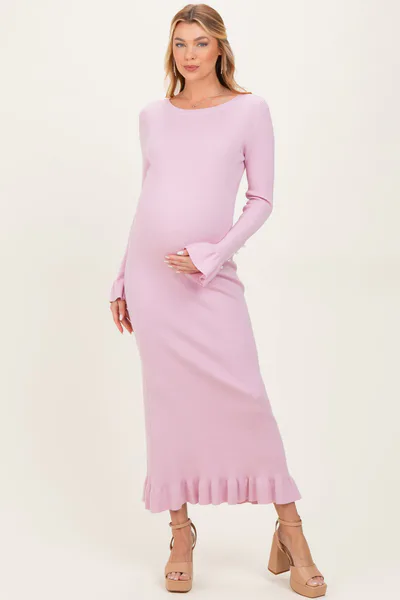 PinkBlush Light Pink Ribbed Knit Bow Back Maternity Maxi Dress