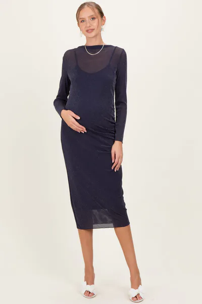 PinkBlush Navy Shimmer Mesh Long Sleeve Ruched Maternity Midi Dress