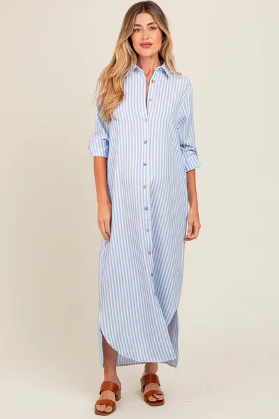PinkBlush Light Blue Striped Button Down Maternity Maxi Dress