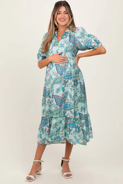 PinkBlush Aqua Paisley Collared Ruffle Hem Maternity Midi Dress
