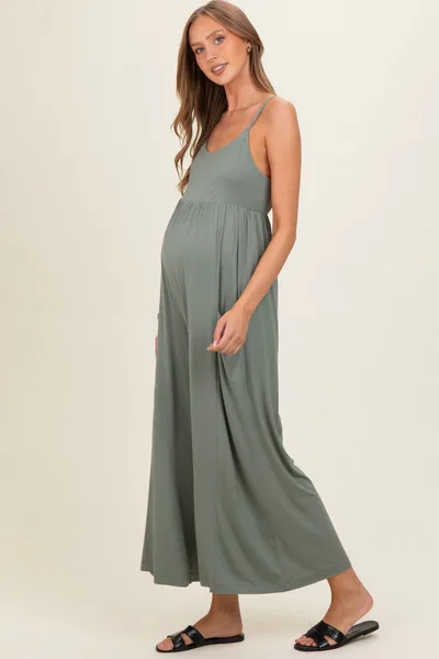 PinkBlush Green Pea Sleeveless Wide Leg Maternity Jumpsuit