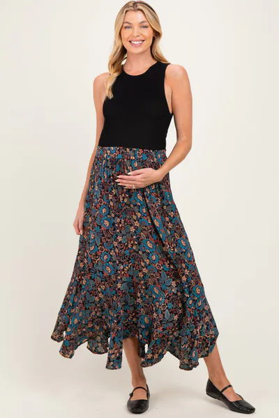 PinkBlush Black Floral Ruffle Hem Maternity Maxi Skirt