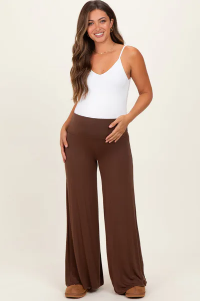 PinkBlush Brown Fold Over Waist Maternity Wide Leg Lounge Pants