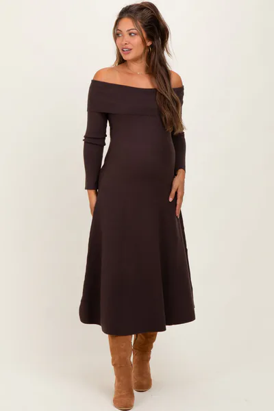 PinkBlush Brown Off Shoulder Maternity Sweater Midi Dress