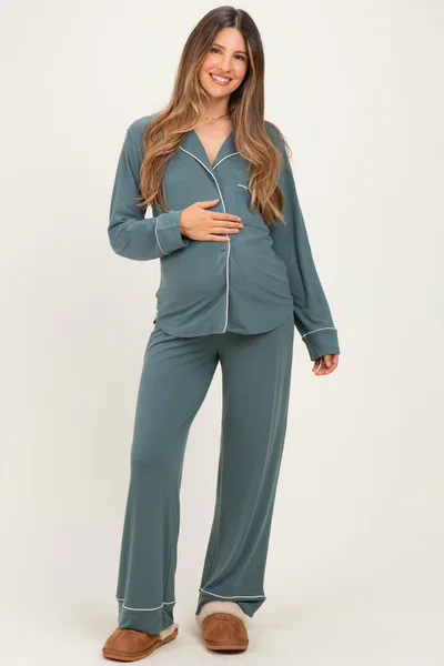 PinkBlush Ash Jade Button Down Top Wide Leg Pant Maternity Pajama Set