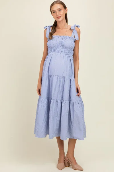 PinkBlush Blue Striped Shoulder Tie Ruffle Accent Tiered Maternity Maxi Dress