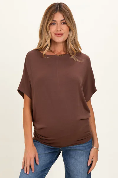 PinkBlush Brown Dolman Sleeve Boat Neck Maternity Top