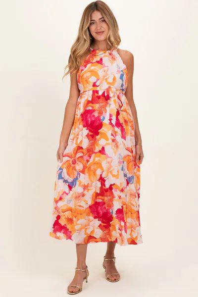 PinkBlush Coral Floral Pleated Maternity Midi Dress