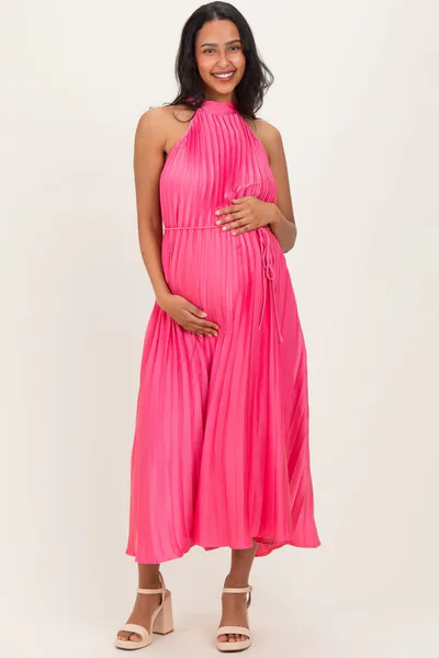 PinkBlush Fuchsia Pleated Maternity Halter Dress