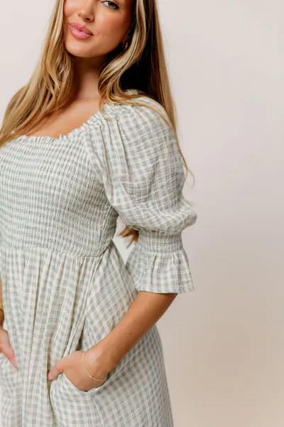 Worth Collective Sienna 100% Cotton Puff Sleeve Maxi Dress in Aqua Plaid (Lined) - Bump Friendly