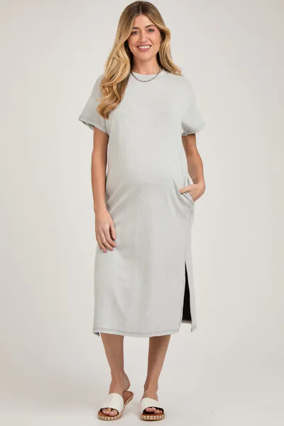 PinkBlush Grey Ribbed Short Dolman Sleeve Side Slit Maternity Midi Dress