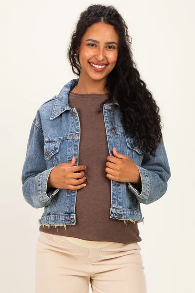 PinkBlush Medium Wash Distressed Maternity Denim Jacket