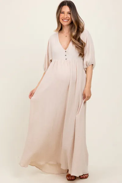 PinkBlush Beige Solid Woven Elbow Sleeve V-Neck Button Down Maternity Maxi Dress