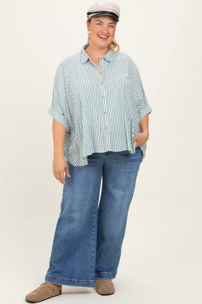 PinkBlush Forest Green Striped Button Up Short Dolman Sleeve Maternity Plus Top