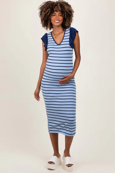 PinkBlush Light Blue Striped Ribbed Ruffle Sleeve Open Back Maternity Midi Dress