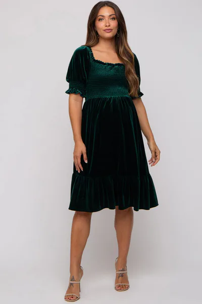 PinkBlush Forest Green Velvet Smocked Puff Sleeve Maternity Dress