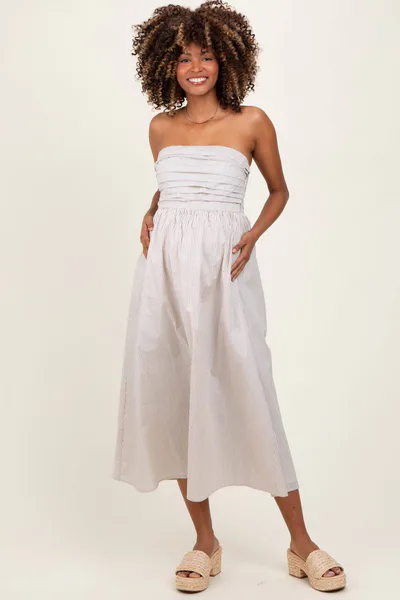 PinkBlush Cream Tube Striped Black Smocking Maternity Maxi Dress