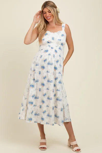 PinkBlush Blue Floral Lace Overlay Maternity Maxi Dress