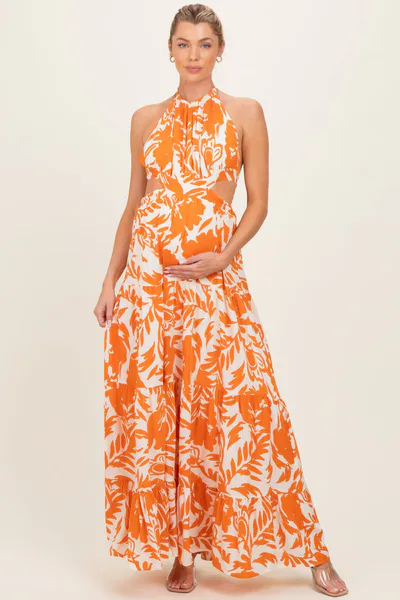 PinkBlush Tangerine Floral Halter Cutout Open Back Maternity Maxi Dresses
