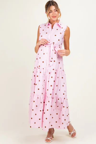 PinkBlush Light Pink Polka Dot Sleeveless Poplin Maternity Shirt Dress