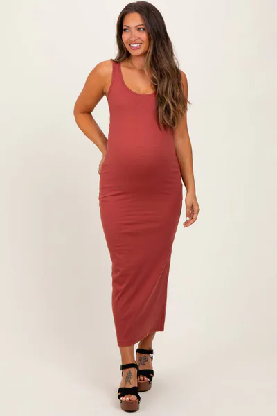 PinkBlush Rust Ribbed Basic Maternity Maxi Dress