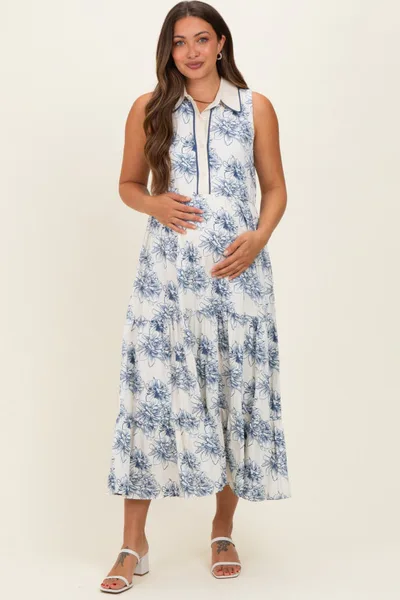 PinkBlush Ivory Floral Tiered Sleeveless Maternity Shirt Dress