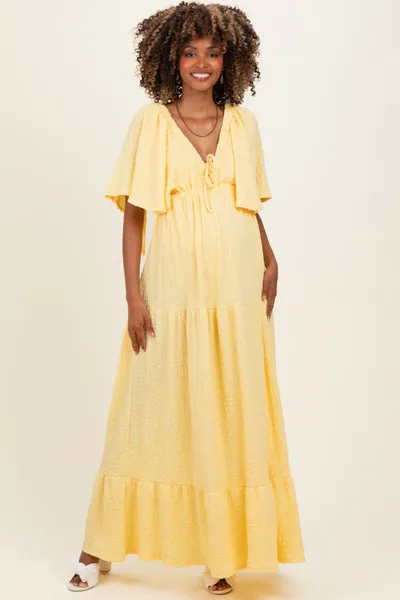 PinkBlush Yellow Woven Textured Flutter Sleeve V-Neck Tiered Maternity Maxi Dress