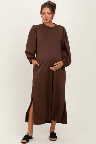 PinkBlush Brown Side Slit Detail Solid Maternity Midi Dress