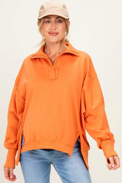 PinkBlush Orange Snap Button Pullover Henley Maternity Sweatshirt