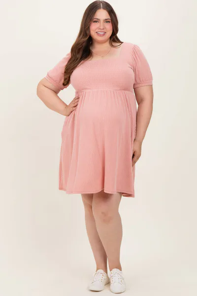 PinkBlush Rose Puff Rib Plus Maternity Babydoll Dress