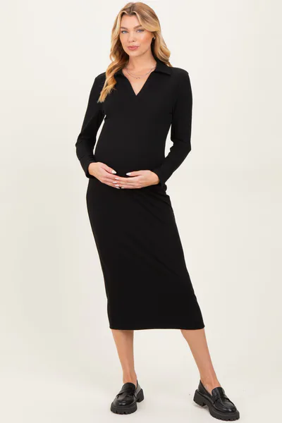 PinkBlush Black Ribbed Collared Long Sleeve Maternity Midi Dress
