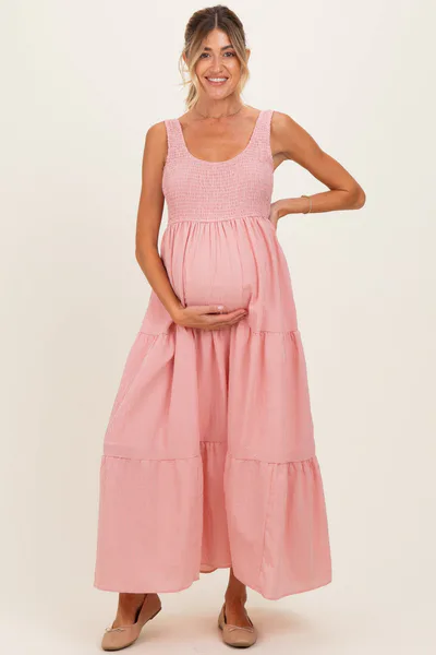PinkBlush Pink Gingham Smocked Bodice Maternity Maxi Dress