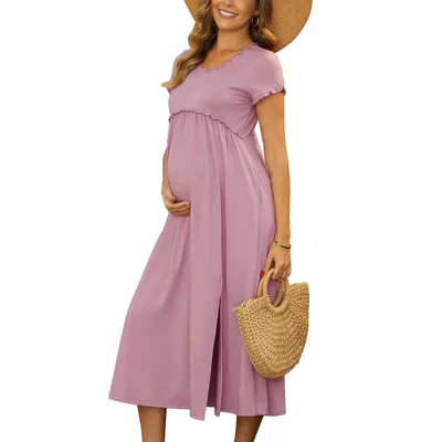 Target INSPIRE CHIC Women's Maternity Dress Midi Short Sleeves ruffled Pleating Pregnancy Dresses for Photoshoot Flowy Casual 2026 Summer X-Large Pink