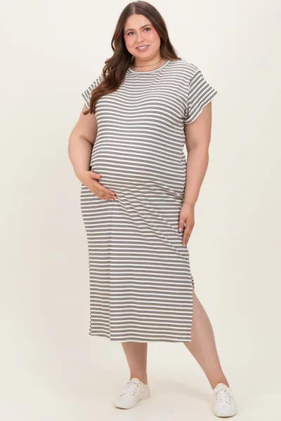 PinkBlush Black Striped Maternity Plus Midi T-Shirt Dress