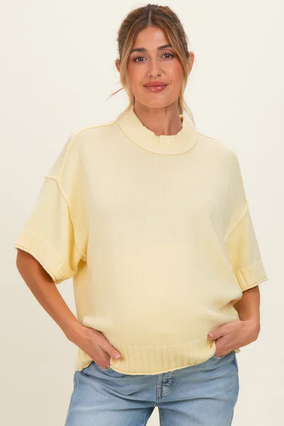 PinkBlush Banana Cream Oversized Mock Neck Short Sleeve Maternity Sweater