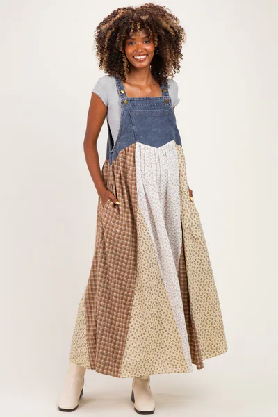 PinkBlush Denim Floral Plaid Maternity Overall Dress