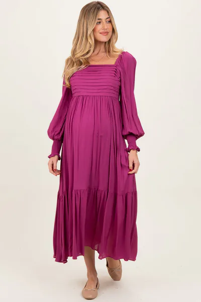 PinkBlush Magenta Pleated Bodice Long Sleeve Maternity Maxi Dress