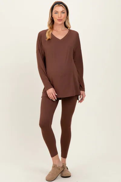 PinkBlush Brown Brushed Knit Maternity Oversized Top and Legging Set