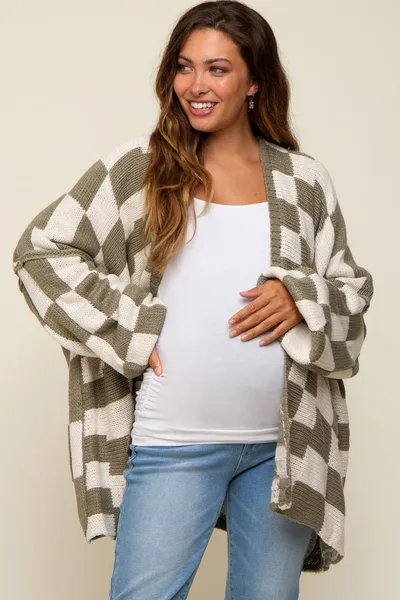 PinkBlush Olive Checkered Print Oversized Maternity Cardigan