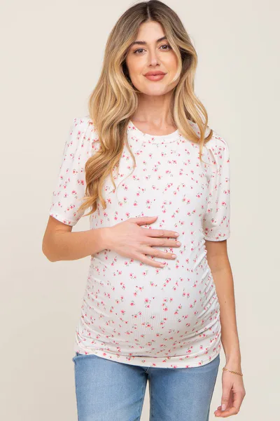 PinkBlush Ivory Floral Side Ruched Maternity Short Sleeve Top