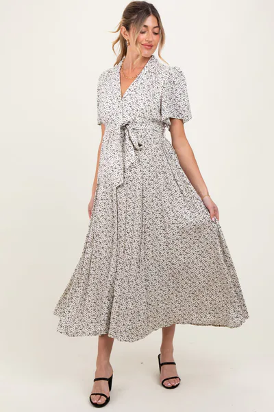 PinkBlush Cream Flutter Sleeve Button Down Maternity Maxi Dress