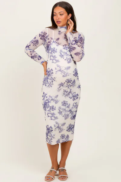 PinkBlush Ivory Floral Mesh Mock Neck Long Sleeve Maternity Midi Dress