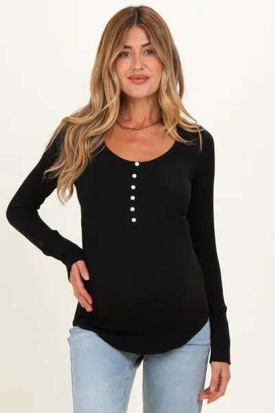 PinkBlush Black Ribbed Henley Maternity Top