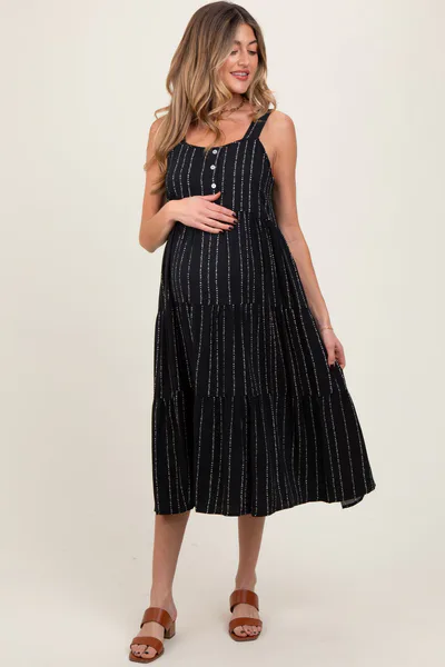 PinkBlush Black Dot Stripe Tiered Maternity Midi Dress