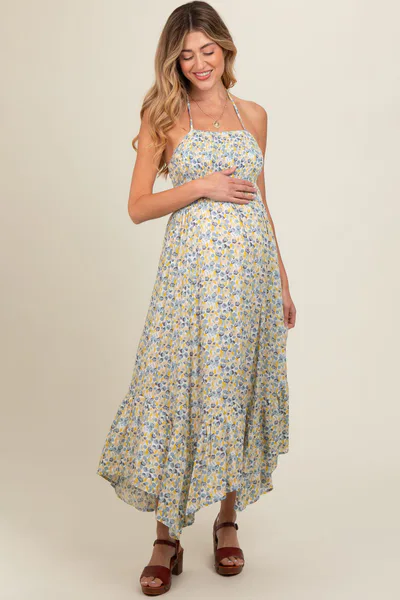 PinkBlush Teal Floral Smocked Halter Flowy Maternity Maxi Dress