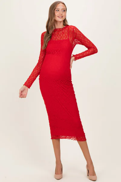PinkBlush Red Lace Long Sleeve Fitted Maternity Dress